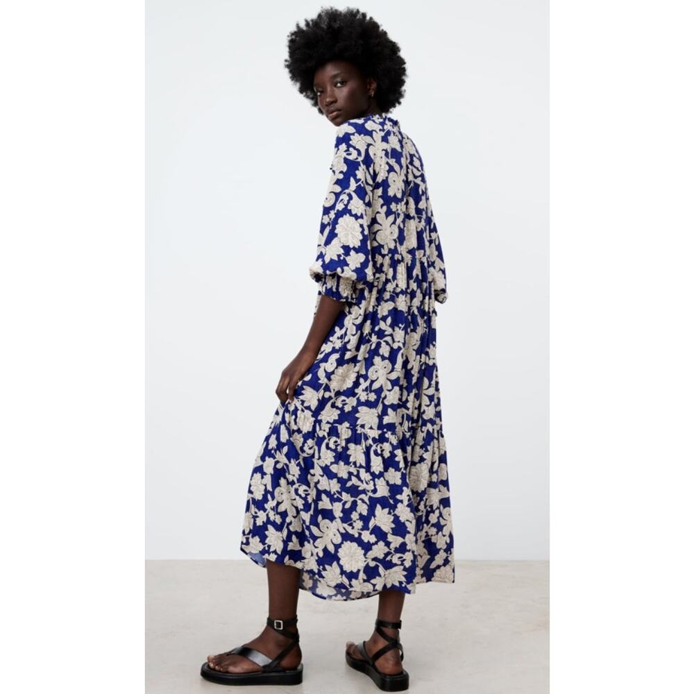 Zara Blue White Floral Plunge V-Neck 3/4 Balloon Sleeve Midi Maxi A-line Dress M - Picture 5 of 11